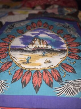 Desert Scenic Bandana with Feather Motif - Turquoise & Red